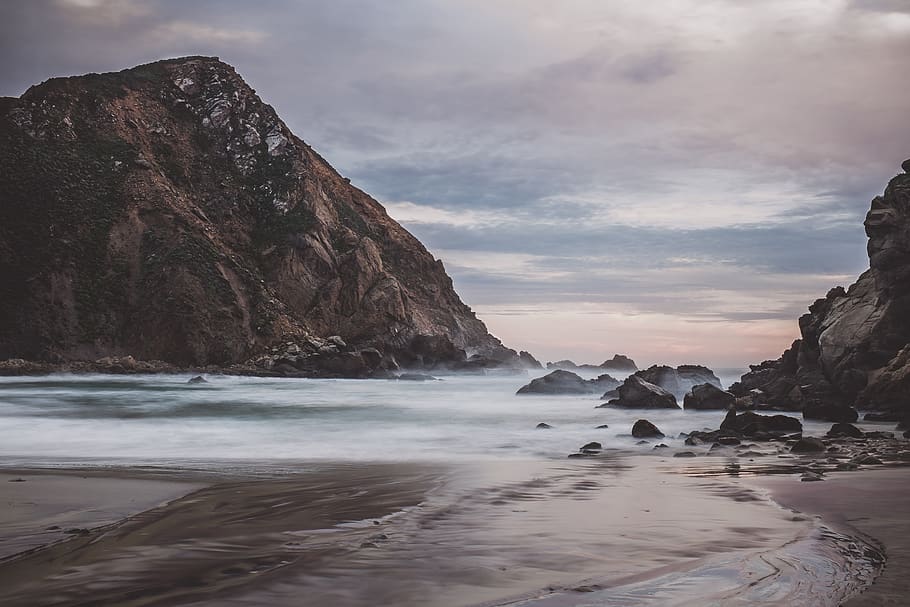 seashore near mountain, beach, nature, ocean, water, big sur HD wallpaper
