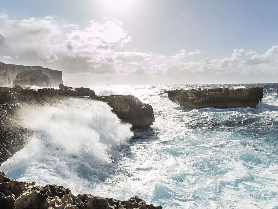 Brown Rock Formations Surrounded by Body of Water, blue, cliff HD wallpaper