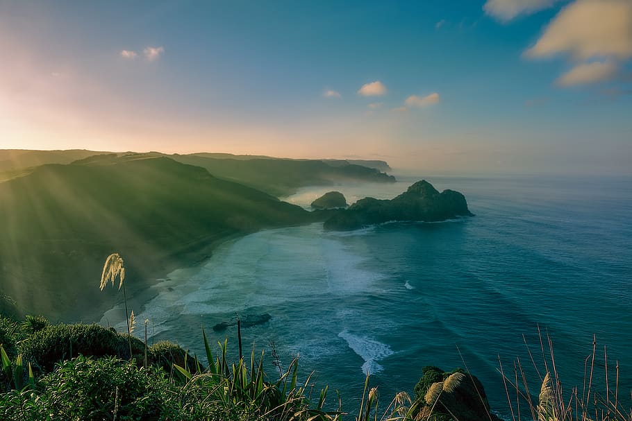 Ocean Near Mountain, beach, clouds, daytime, fog, grass, horizon HD wallpaper