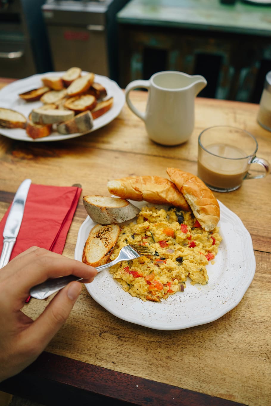 person holding fork on scrambled egg, food and drink, human hand HD wallpaper