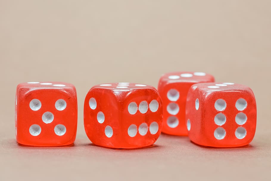 Close Up Photography of 4 Red White Dice, close-up, cube, dots HD wallpaper