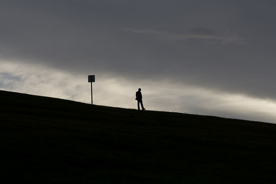 sky, contrast, sign, down, hill, silhouette, cloud - sky, one person HD wallpaper