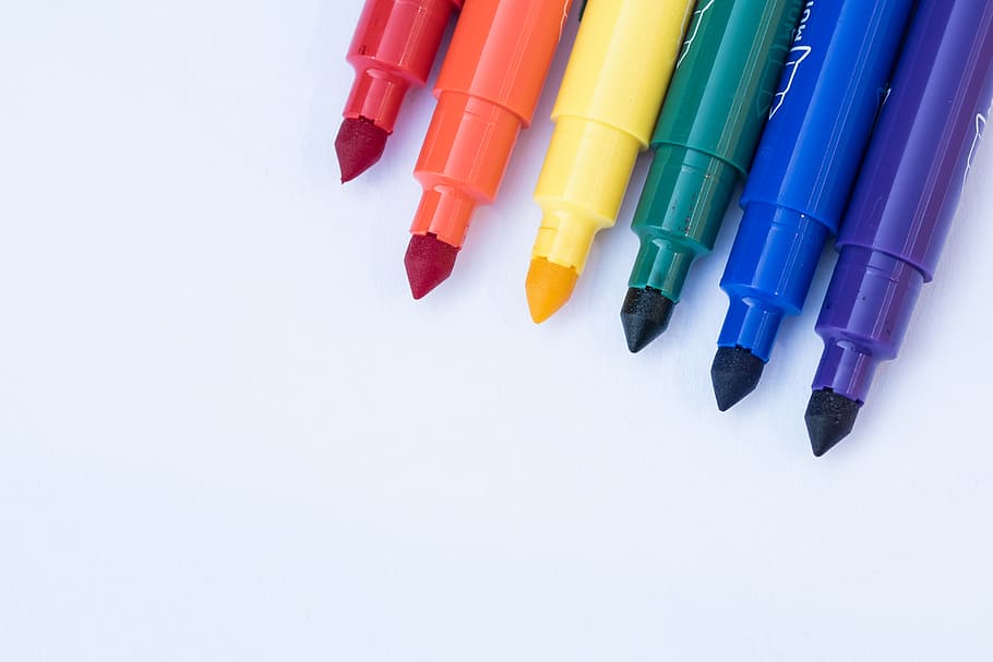 Used Pens on White Surface, bright, color, colored markers, coloring HD wallpaper