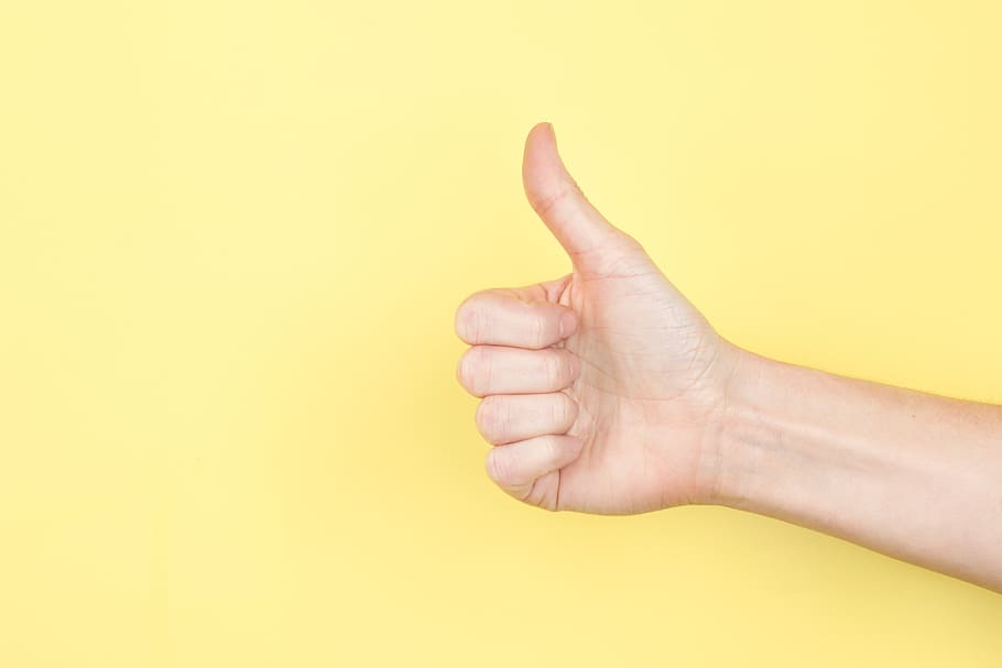Thumbs Up On Yellow Photo, Hands, human body part, human hand