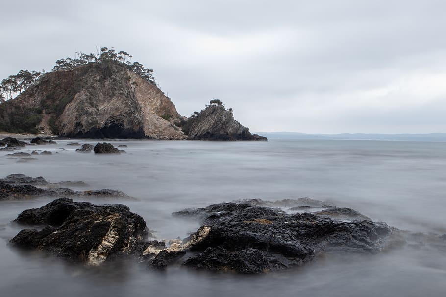 beach, rocks, waves, water, ocean, cliff, sea, coast, sky, nature HD wallpaper