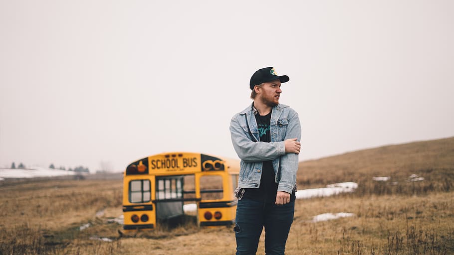 man, guy, school, bus, field, glass, sky, beard, cap, nature HD wallpaper