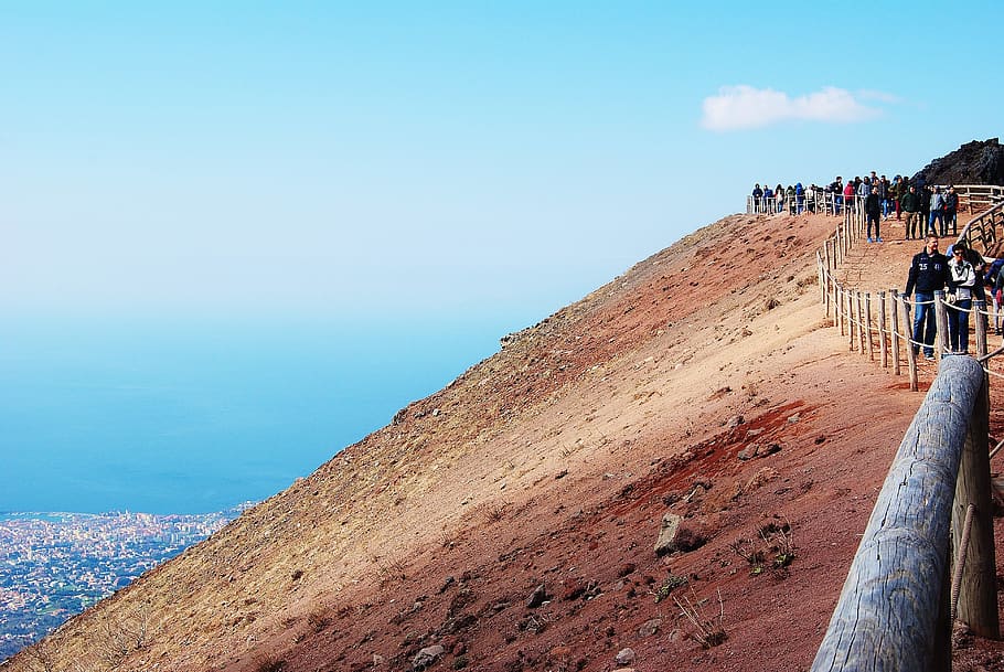 italy, mount vesuvius, water, group of people, sky, sea, land HD wallpaper