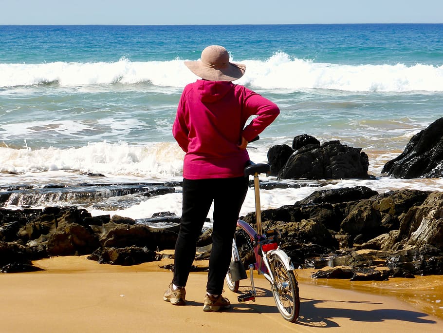 cyclist, view, surf, bicyclist, outlook, coast, sand, sea, beach, HD wallpaper