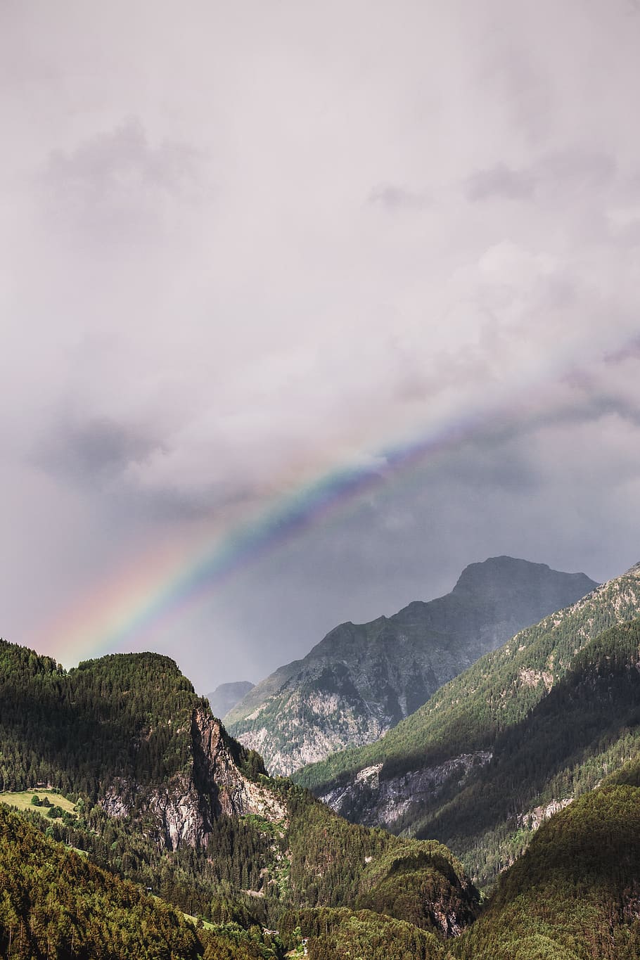 green trees, nature, outdoors, sky, rainbow, mountain, mountain range HD wallpaper