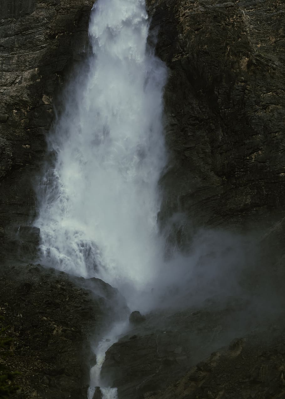 waterfalls between gray mountain, rock, beauty in nature, rock - object HD wallpaper
