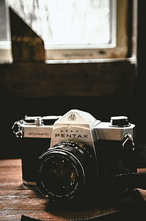 black and silver Pentax camera on table, electronics, viet nam HD wallpaper
