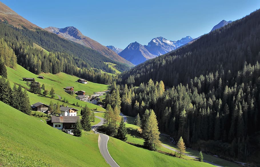 mountains, top, way, alpine village, high, davos, landscape