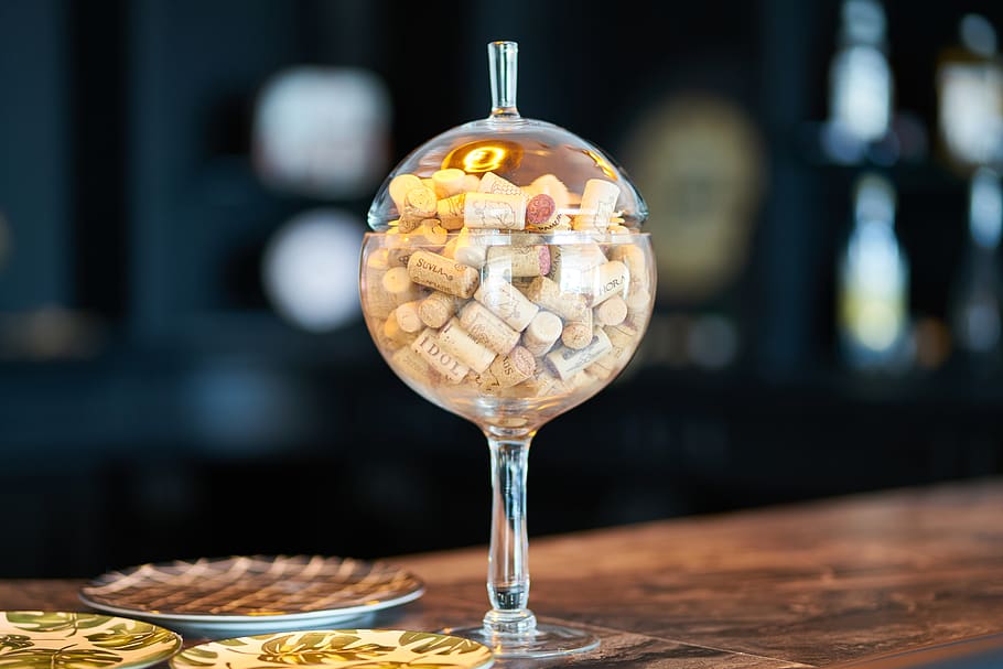 Clear Glass Bowl With Corks, blur, close-up, decor, decorative HD wallpaper