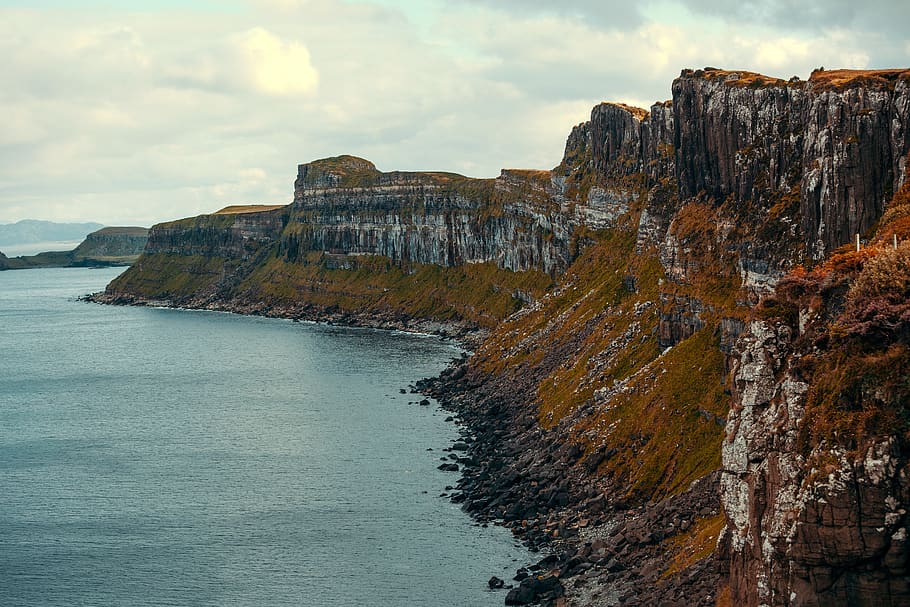 cliff, skye, sea, water, rock, beauty in nature, tranquil scene HD wallpaper
