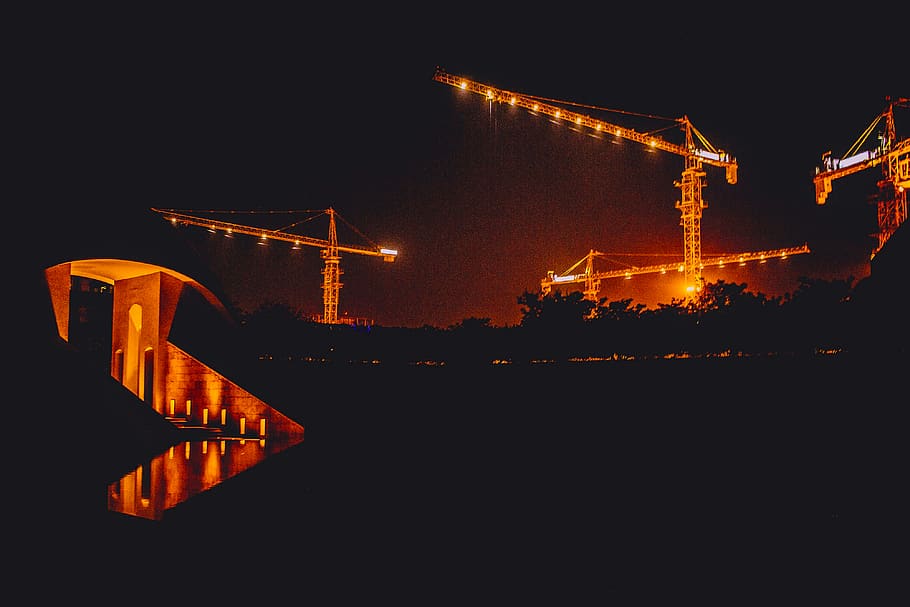 construction crane, building, architecture, silhouette, lighting HD wallpaper