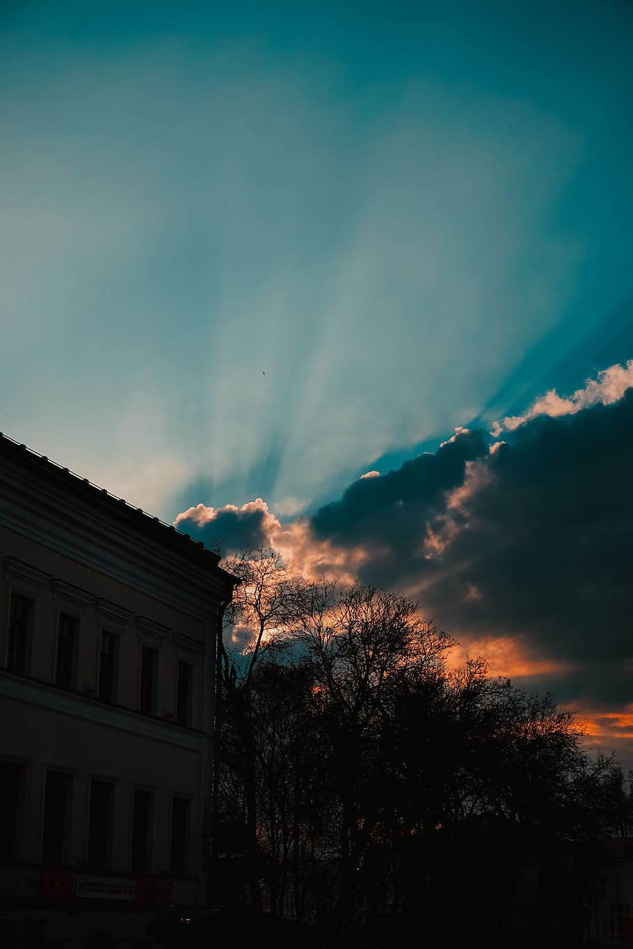 Photo of Building Near Trees, clouds, dawn, dusk, golden hour HD wallpaper