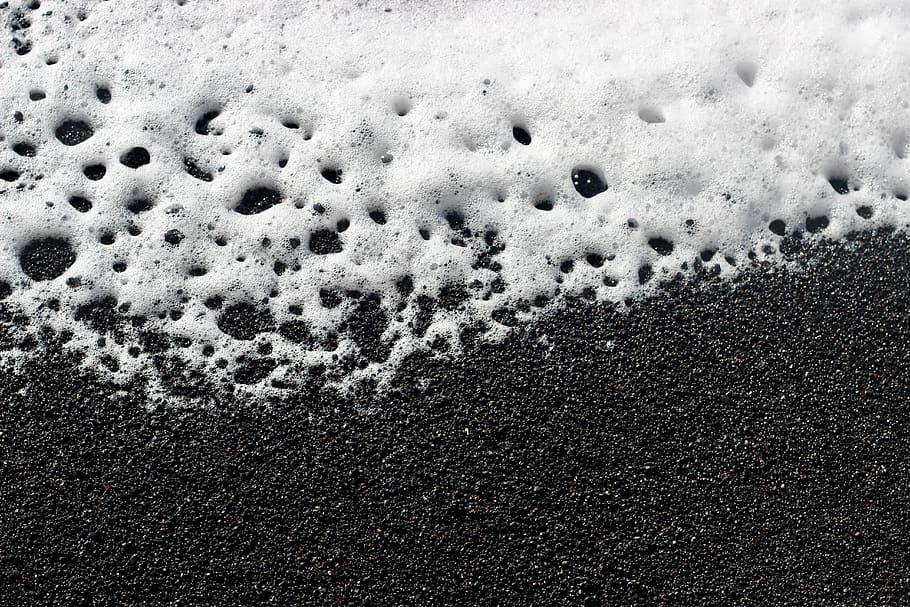 sand with white bubbles, foam, reynisfjara beach, iceland, vik HD wallpaper