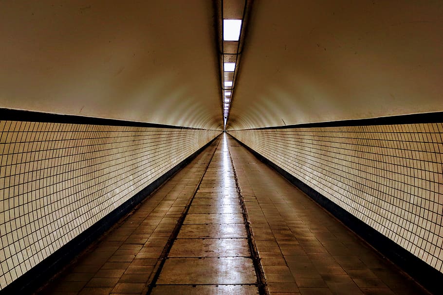 lighted bulb inside building, tunnel, interior, underground, line HD wallpaper