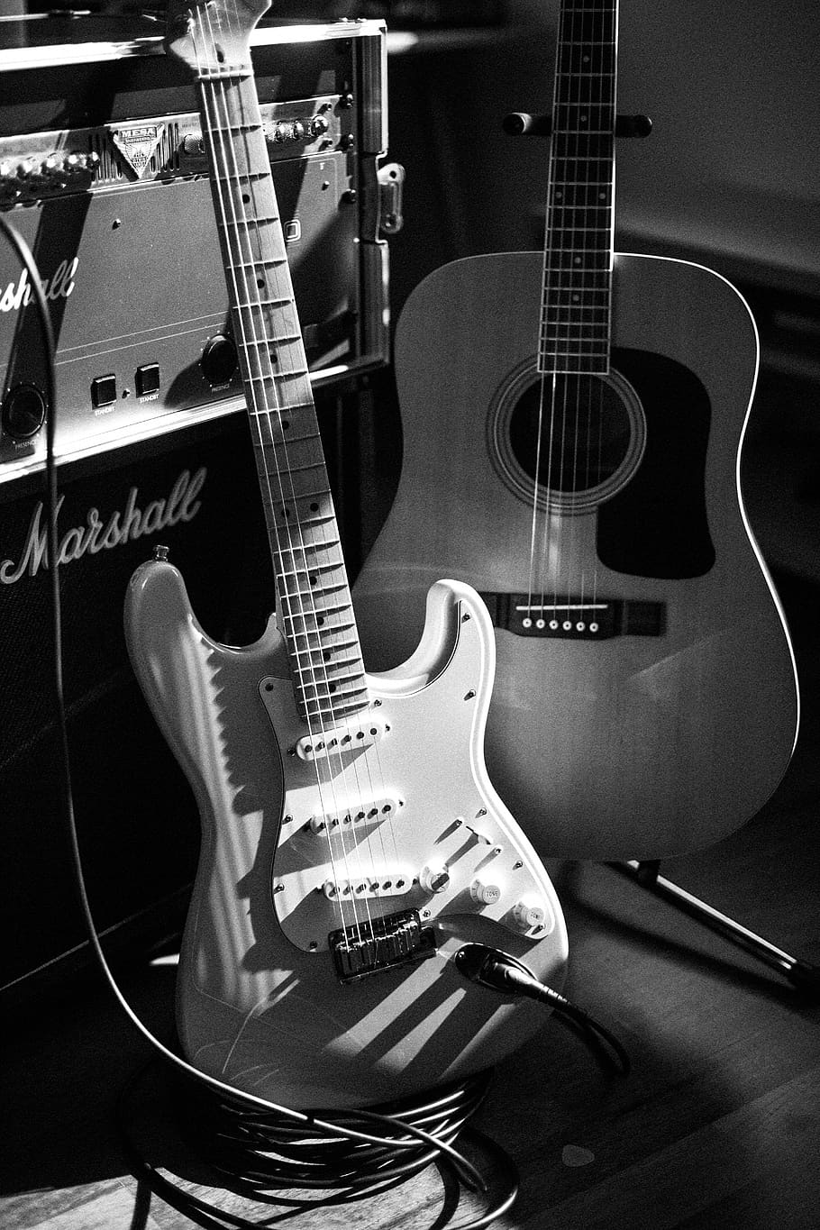 instruments, guitars, electric, accoustic, bandw, black and white
