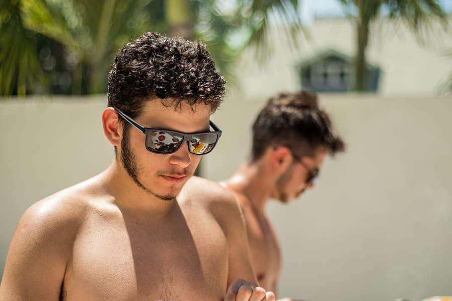 Man Wearing Black Sunglasses, guy, leisure, people, shirtless HD wallpaper