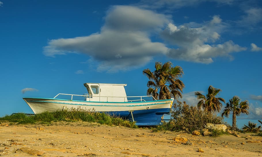 boat, grounded, landscape, sky, clouds, scenery, ayia napa HD wallpaper