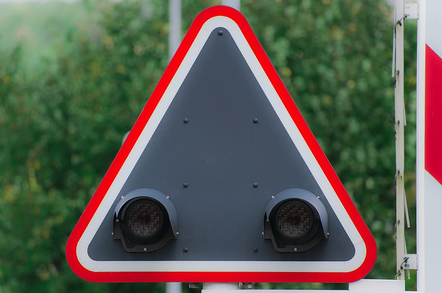 level crossing, railway, warning, traffic lights, red, caution
