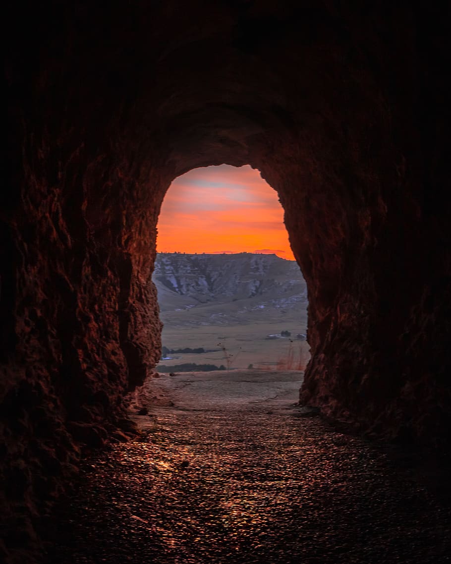 cave during golden hour, sky, no people, sunset, nature, the way forward HD wallpaper