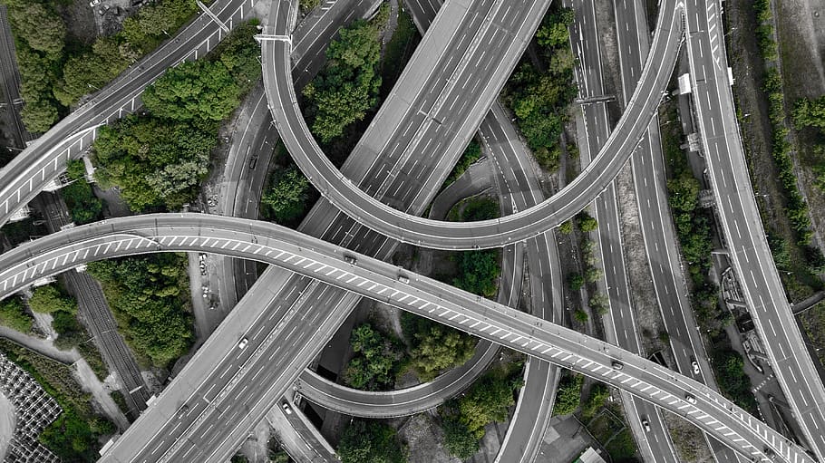aerial photo of gray concrete top roads, way, spaghetti junction, HD wallpaper