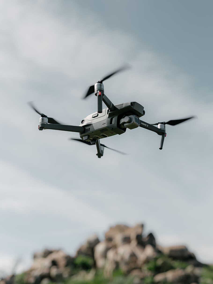 gray quadcopter flying, air vehicle, motion, mode of transportation HD wallpaper