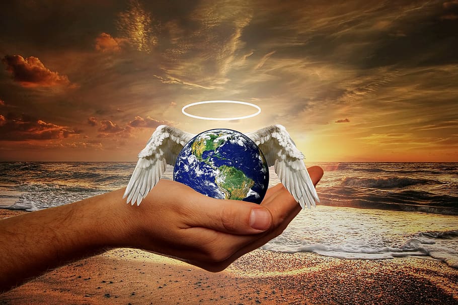hand, human, world, globe, planet, angel, wing, halo, beach HD wallpaper
