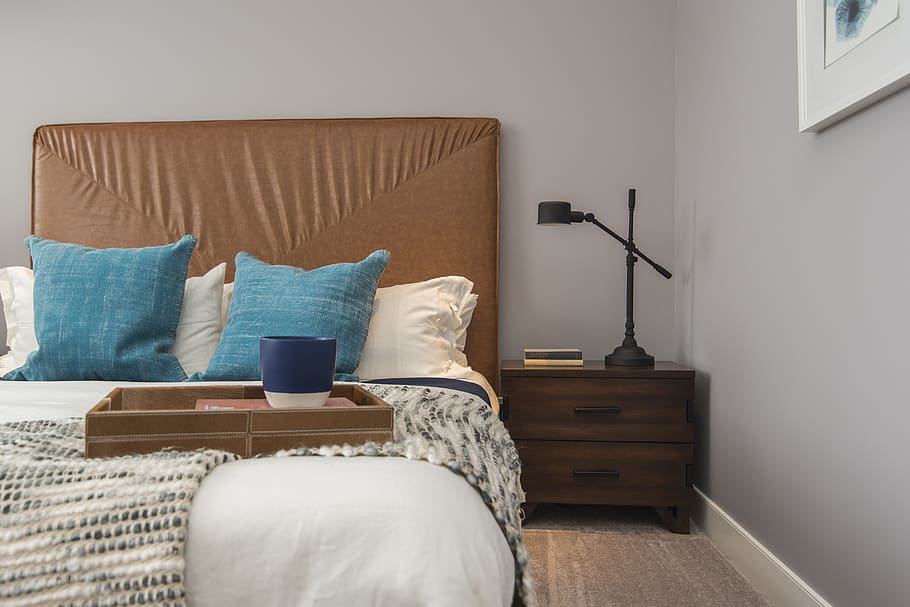 two blue pillows on bed, furniture, indoors, absence, cushion HD wallpaper