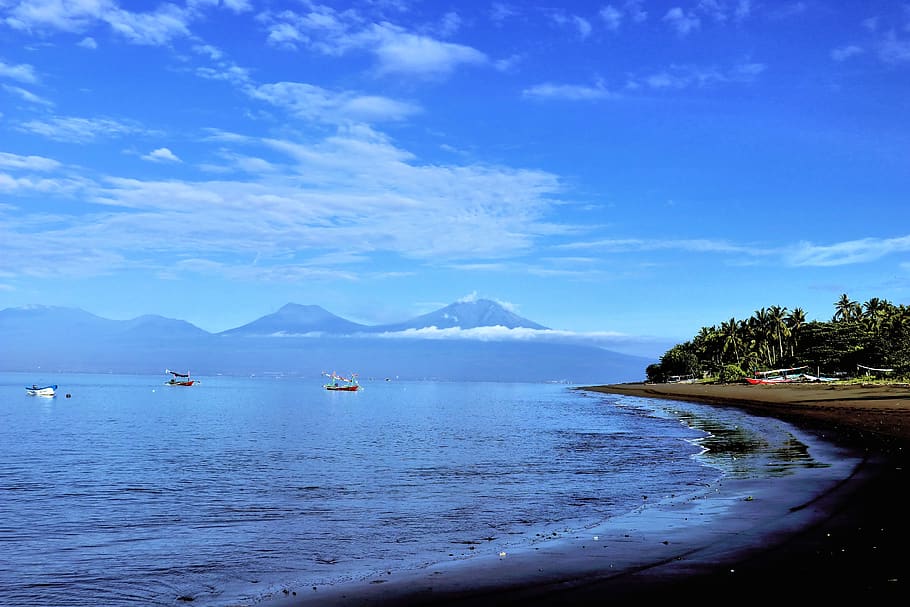 beach, volcano, landscape, water, sky, scenics - nature, sea HD wallpaper