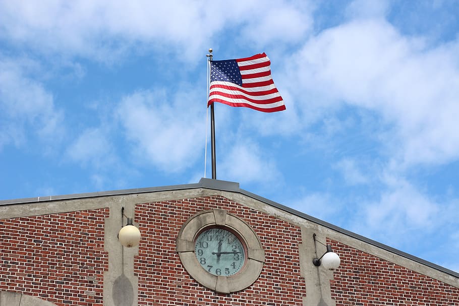 american flag, clocktower, clock tower, landmark, us flag, low angle view HD wallpaper