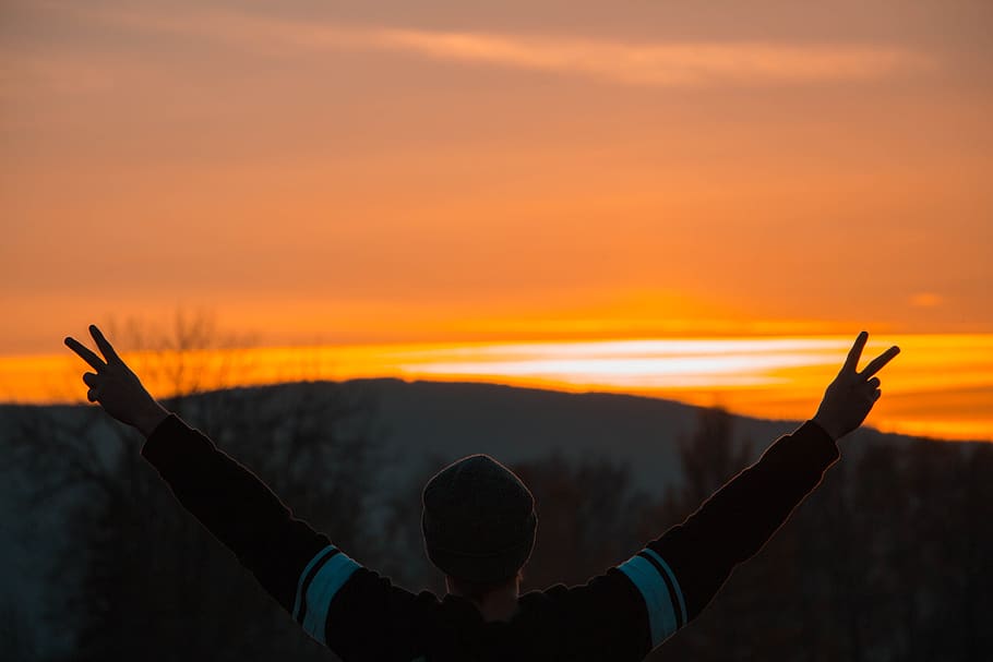 sun, sunset, sky, orange color, human arm, one person, arms raised HD wallpaper