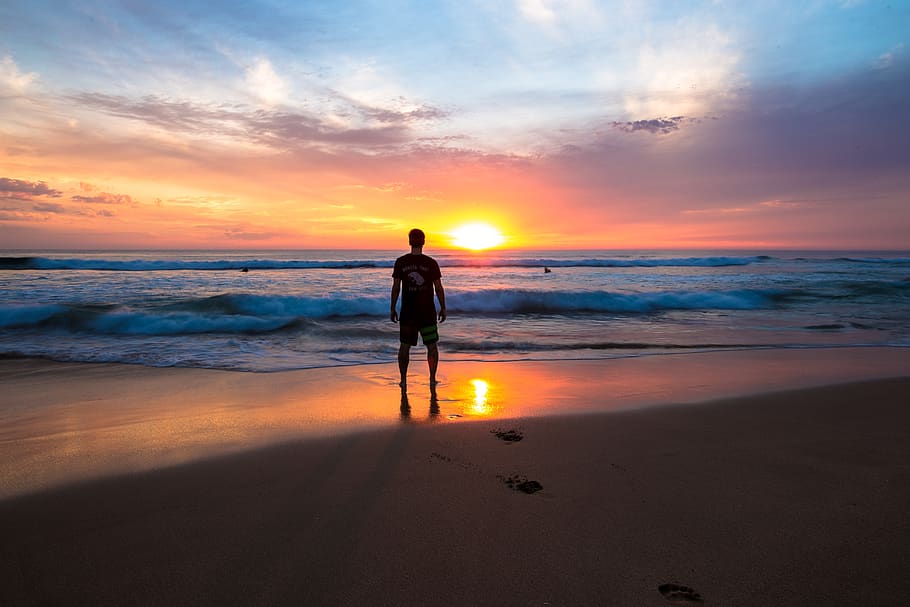 people, man, alone, silhouette, beach, sea, ocean, wave, water HD wallpaper
