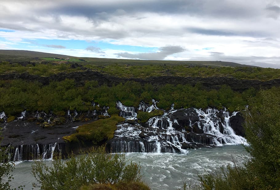 iceland, hraunfossar, cloud - sky, water, beauty in nature HD wallpaper