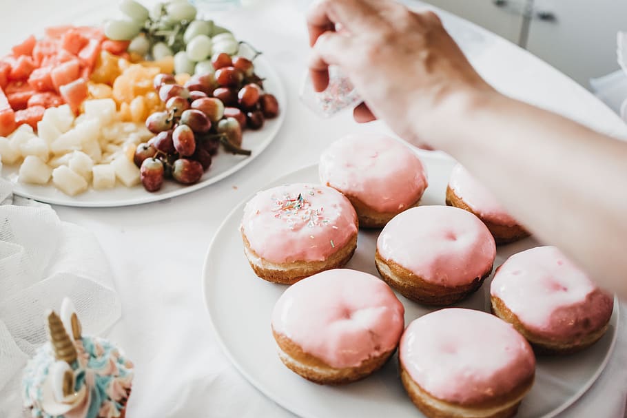 baked pastries, cake, fruit, dessert, donut, doughnut, eat, treat HD wallpaper
