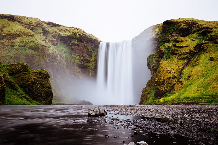 time lapse photography of waterfalls, cliff, river, rock, moss HD wallpaper