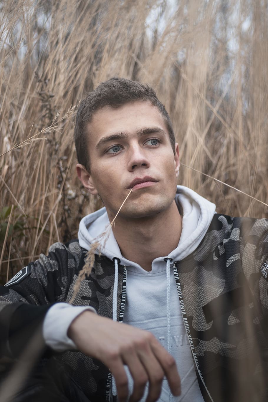 man surrounded by grass, portrait, front view, young adult, one person HD wallpaper