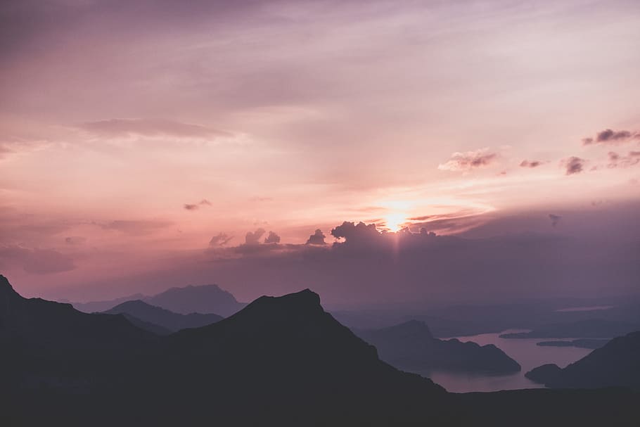 sunset, mountains, and body of water, sky, sunrise, silhouette HD wallpaper