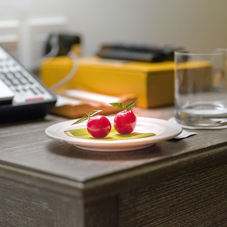 HD wallpaper: 2 Cherry Fruits on Round White Ceramic Saucer, blur