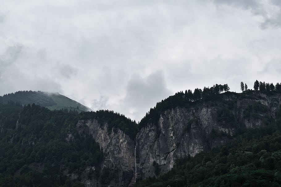 switzerland, grindelwald, cliff, bluff, waterfall, trees, clouds, HD wallpaper