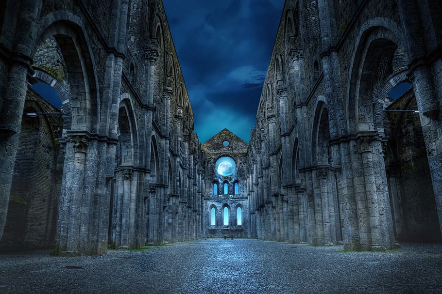 fantasy, ruins, gothic, old, dark, light, moon, architecture HD wallpaper
