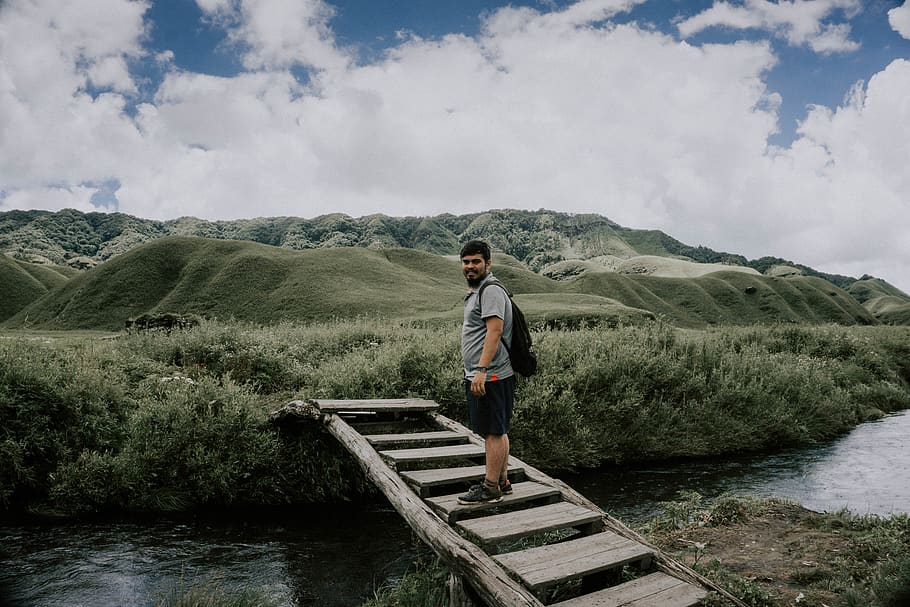 landscape, nature, bridge, stream, dzukou, india, man, sky HD wallpaper