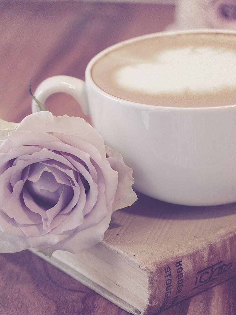Photography of Flower Beside Coffee on Top of Book, beautiful, HD wallpaper