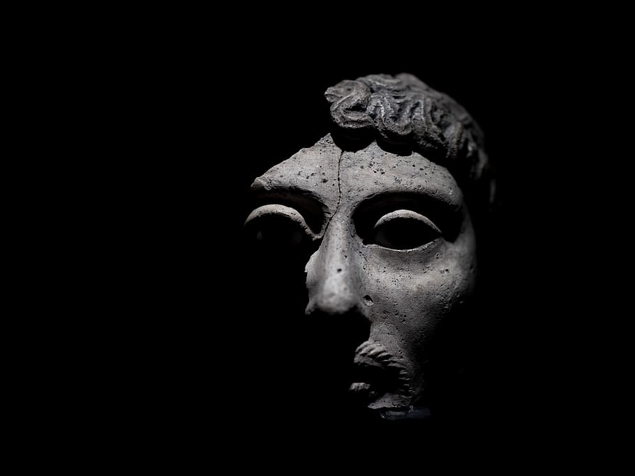 gray statue of man, head, mask, alien, worship, art, buddha, archaeology, HD wallpaper
