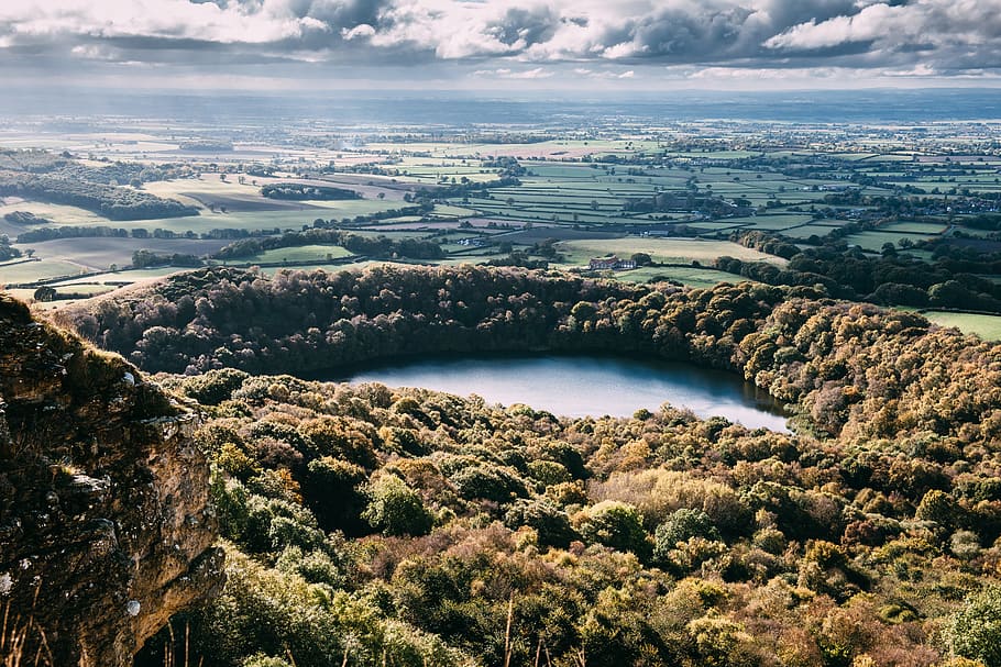 Brown Mountain Top, aerial, clouds, daylight, england, field HD wallpaper