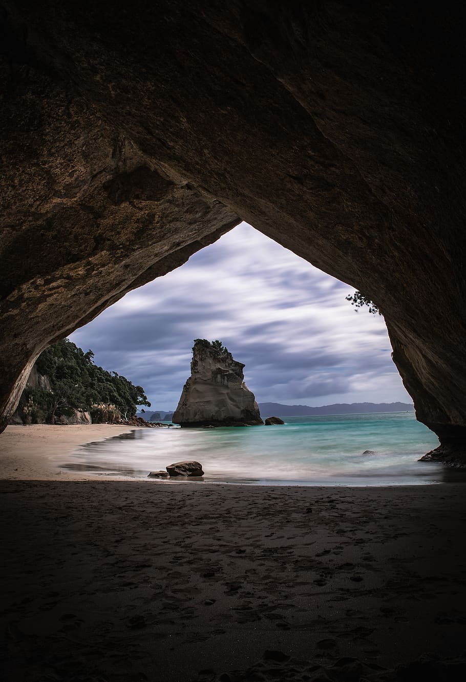 interior of cave, sea, water, land, beach, sky, scenics - nature HD wallpaper