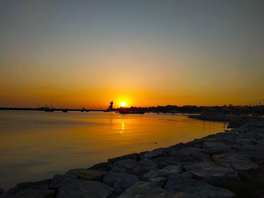sunset, landscape, sky, nature, orange, beach, peace, solar HD wallpaper