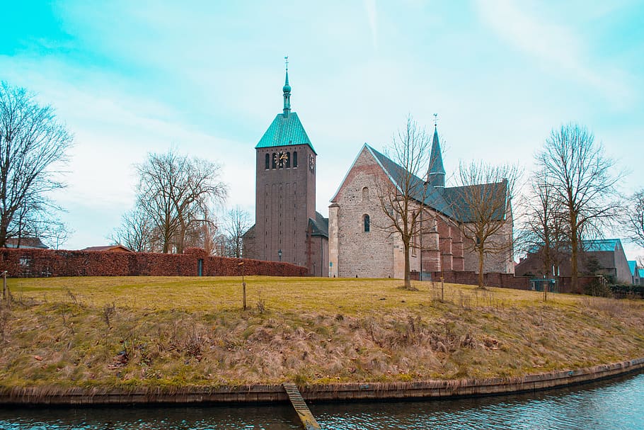 tower, architecture, building, steeple, spire, vreden, water HD wallpaper